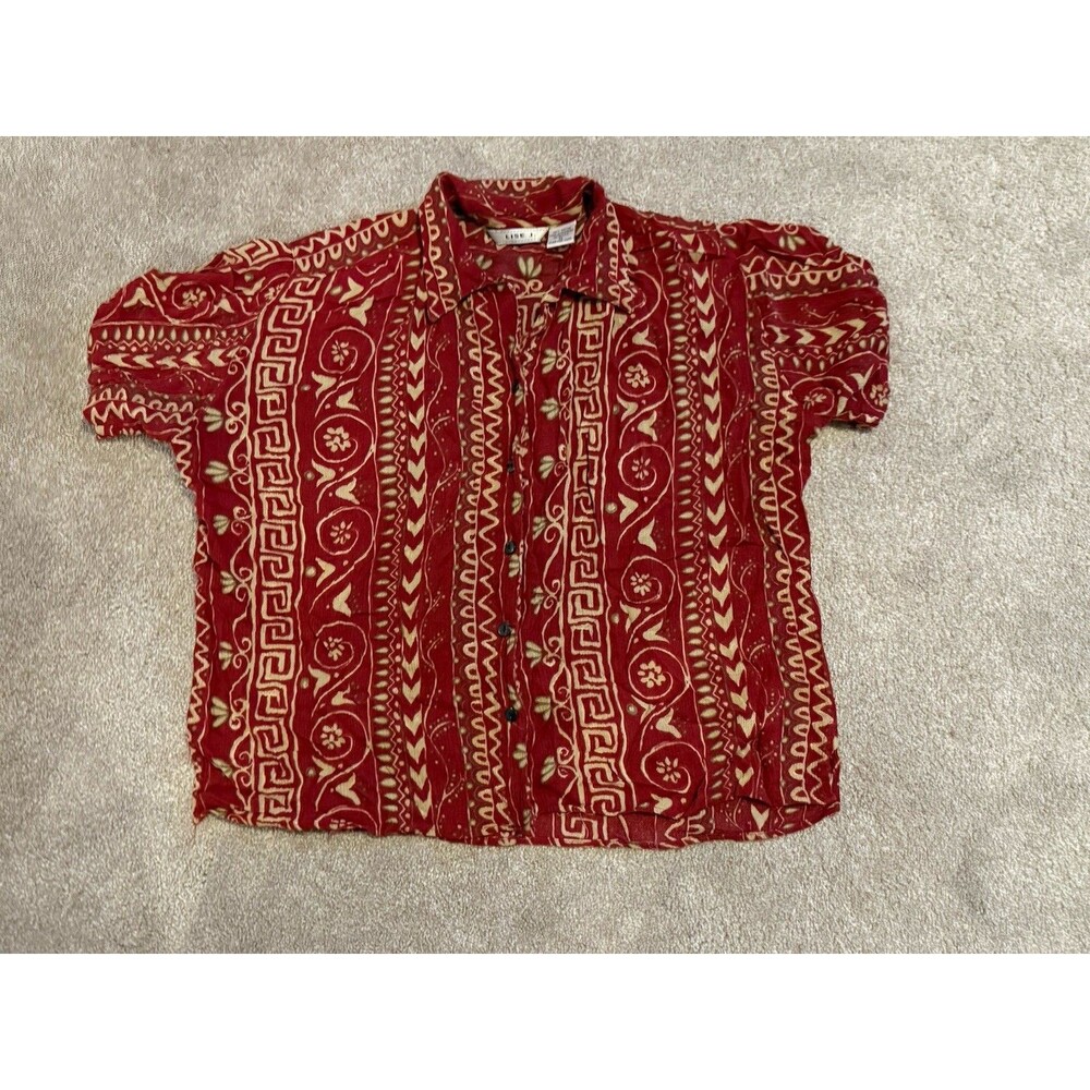 LISE J. Short Sleeve Button-Up Shirt Women’s Size Medium Funky Print Blouse